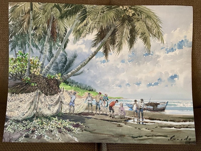 Guillermo Sureda Arbelo Original Watercolor Fishermen Day’s Catch Beach 29×21″