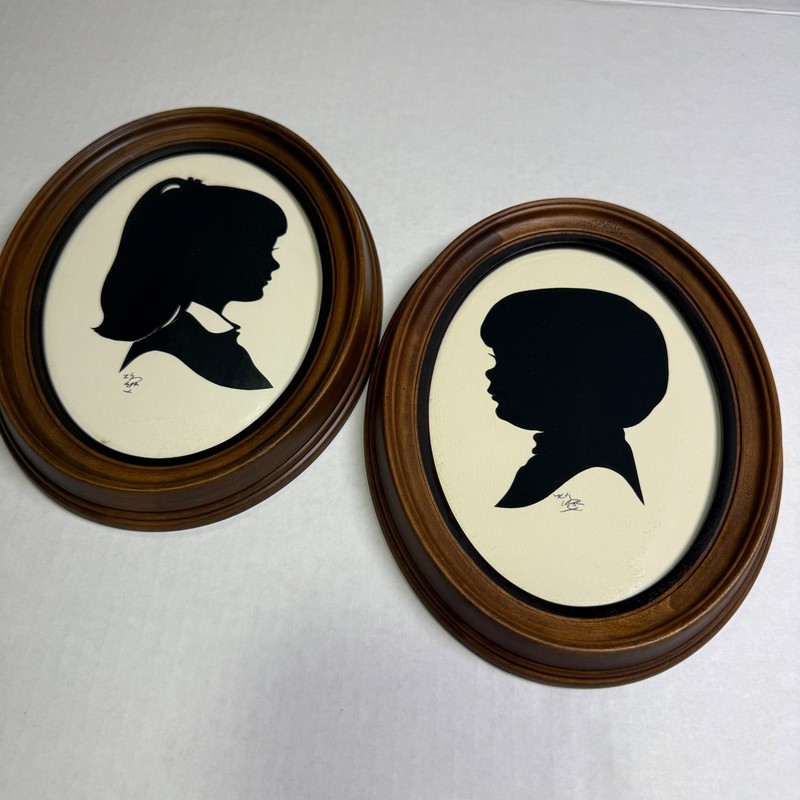 Vintage Pair Silhouette Profile Portraits Boy and Girl Oval Wood Frames Signed