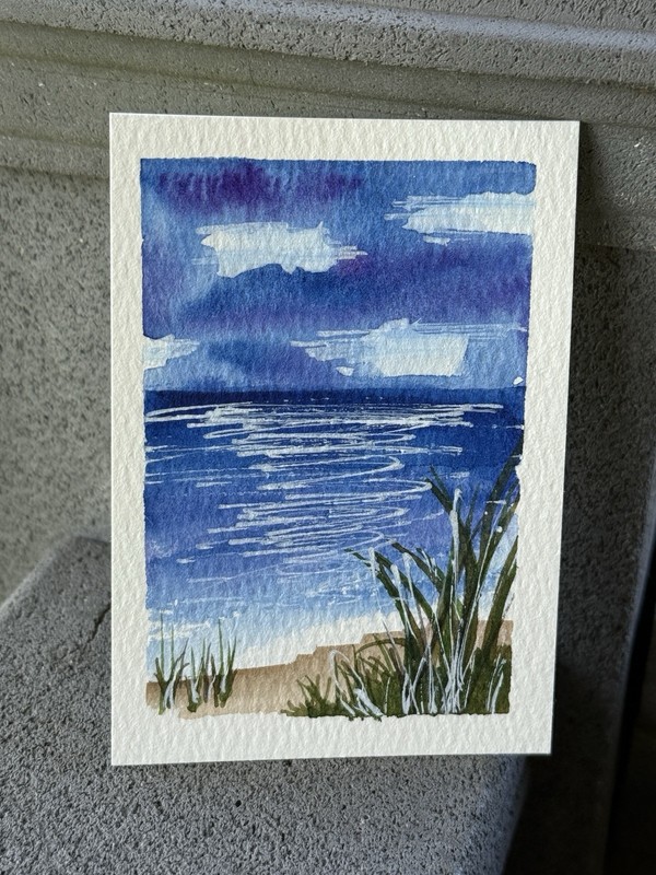 ACEO #123 Watercolor Sea Beach Sky , Hand Painted. Art Trading Card