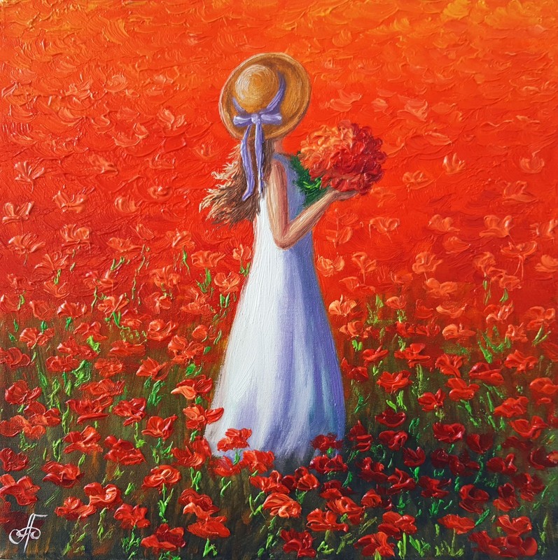 Original Oil Portrait Painting Woman Red Poppy Field Summer Canvas Art Romantic