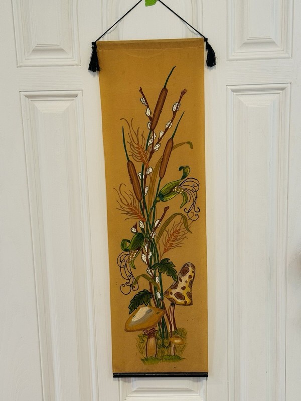 MUSHROOMS & Plants ORIGINAL ACRYLIC ON VELVET ABSTRACT PAINTING Retro 33”