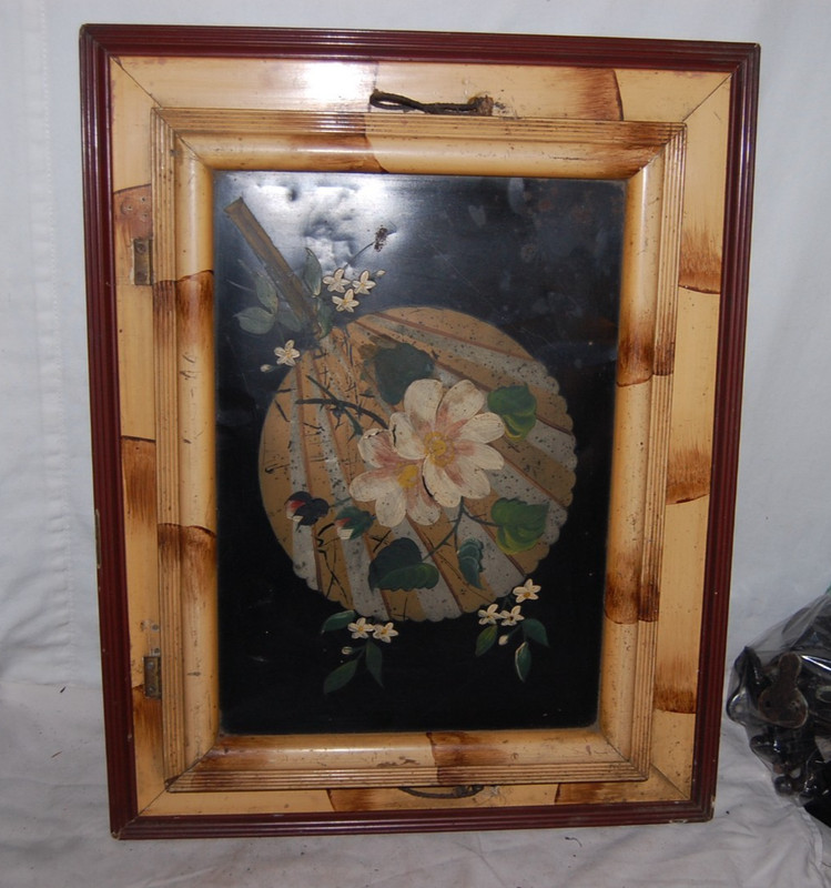 Antique Japanese Hand Painted Fan on Metal Bamboo Shadow Box Frame