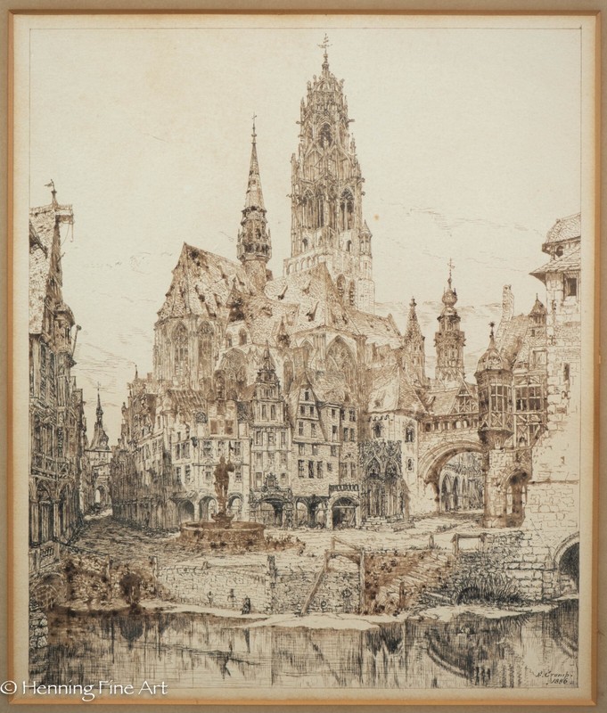 Exquisite Antique Watercolor Ink Drawing of Evreux Notre Dame Cathedral Spires gallery