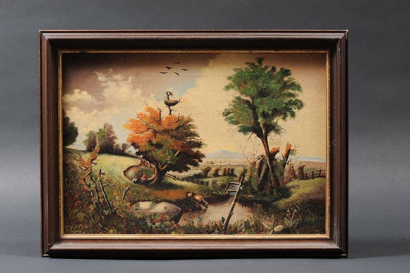 Antique 19th-Century Folk Art Oil on Canvas in Original Frame, American 1860