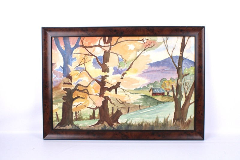 Mid Century Modernist Colorful Landscape Watercolor Painting On Paper Unsigned