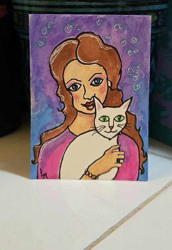 ACEO Original Art Painting Woman Holding White Cat Watercolor OOAK ATC Mini Girl gallery