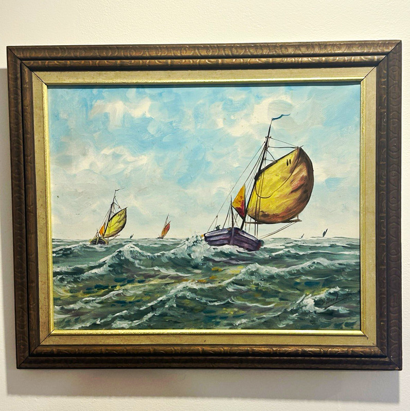 Vintage Framed Impressionist Sailboat Seascape Painting on Canvas, Nautical