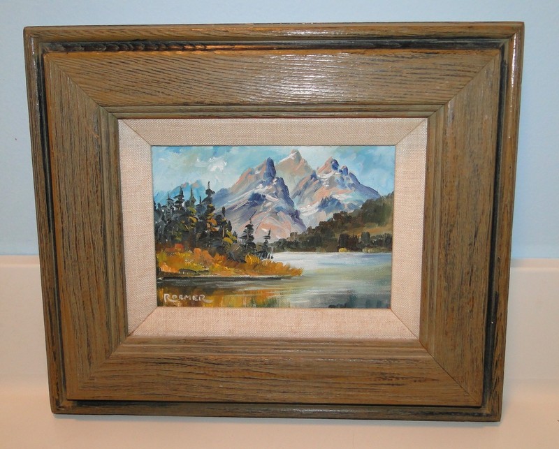 Vintage OIL LANDSCAPE PAINTING Mountains Trees Lake Signed ROEMER
