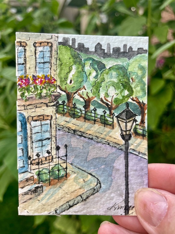 ACEO Original, City, Cityscape, Park, Watercolor by Kimberly Tyson