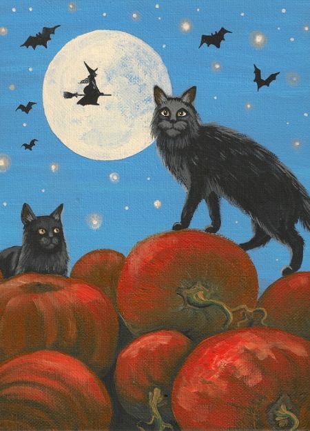 ACEO PRINT of HALLOWEEN PAINTING RYTA BLACK CATS WITCH BATS FOLK ART PUMPKIN 🎃