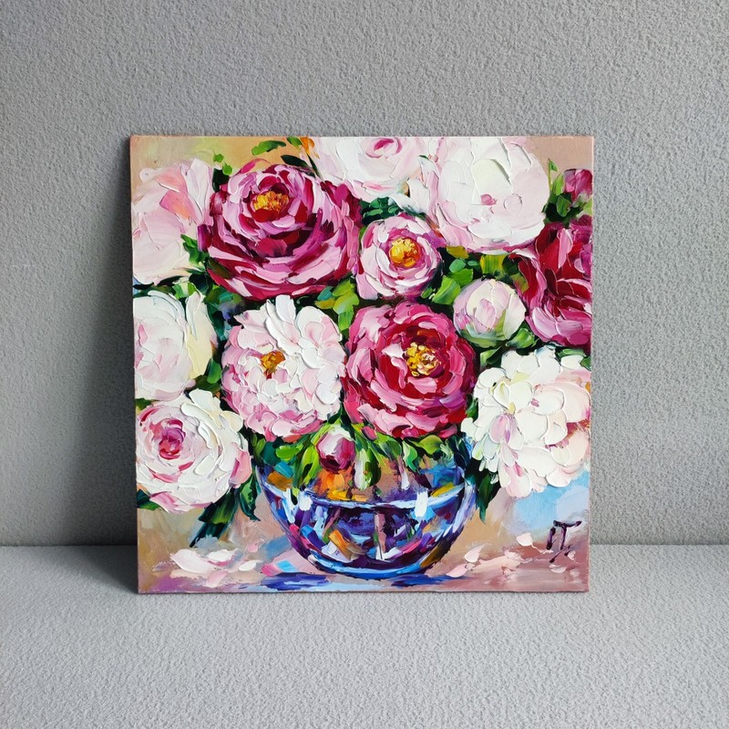 original oil painting Peony pink red flowers artwork floral wall art 12*12 inch gallery