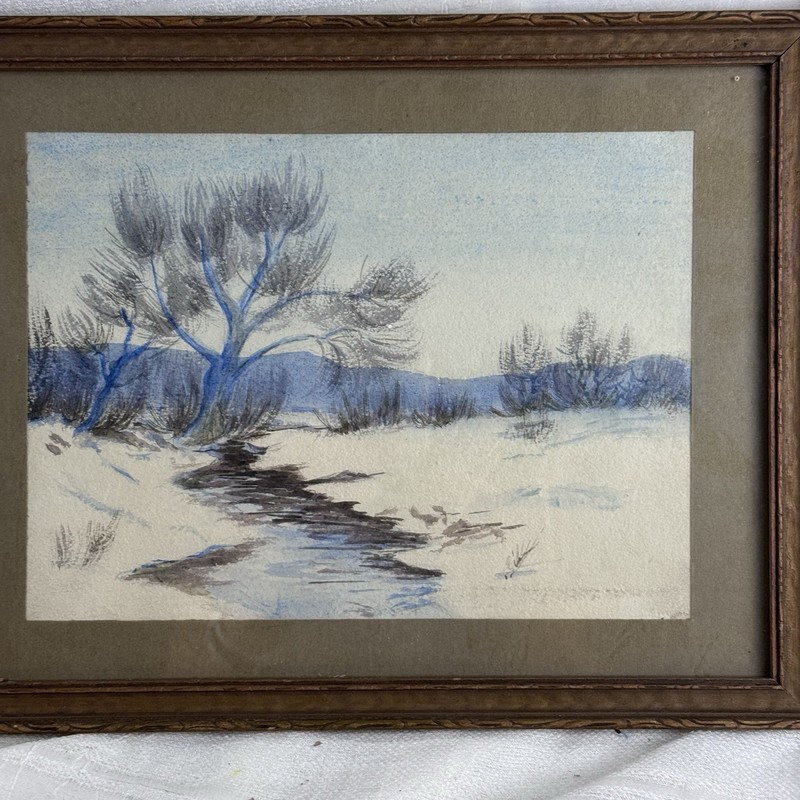 Antique Original Winter Landscape Watercolor Signed Carolyn Timpte @1912 gallery