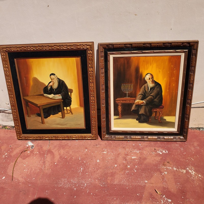 Signed Abraham A. Straski Jewish Man Reading Oil Painting Framed Lot Set Of 2