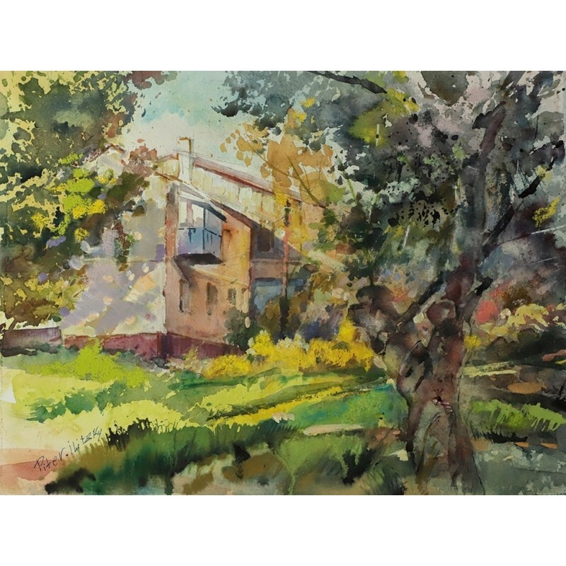 ORIGINAL Painting Impressionism Landscape Evening Yard 10.6″x14 Piter Ilitzky