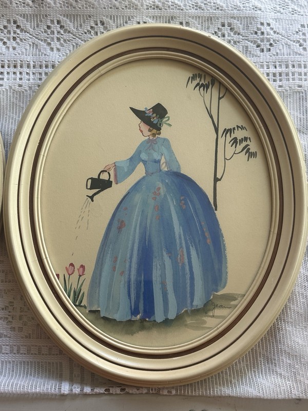 Vintage HANDPAINTED Lady Flowers VICTORIAN PORTRAIT Art Set SIGNED JEAN gallery