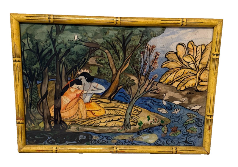 VTG Indian Mughal Painting depicting Radha and Krishna/Faux Bamboo Frame – RARE!