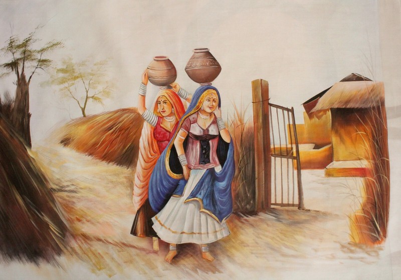 Rajasthani Realistic Women Painting Hand Made Watercolor Art 28×22 Inches