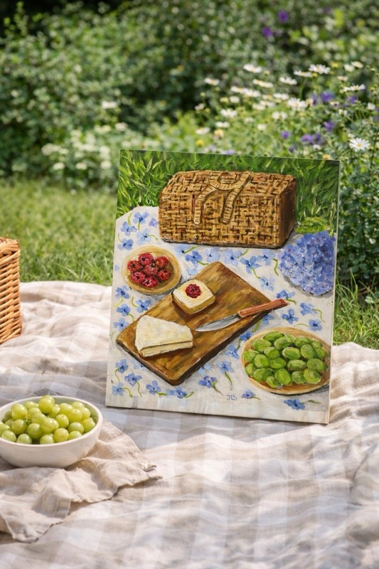 Picnic Food Painting Cheese Fruit Still Life Kitchen Decor Garden Art 14×18