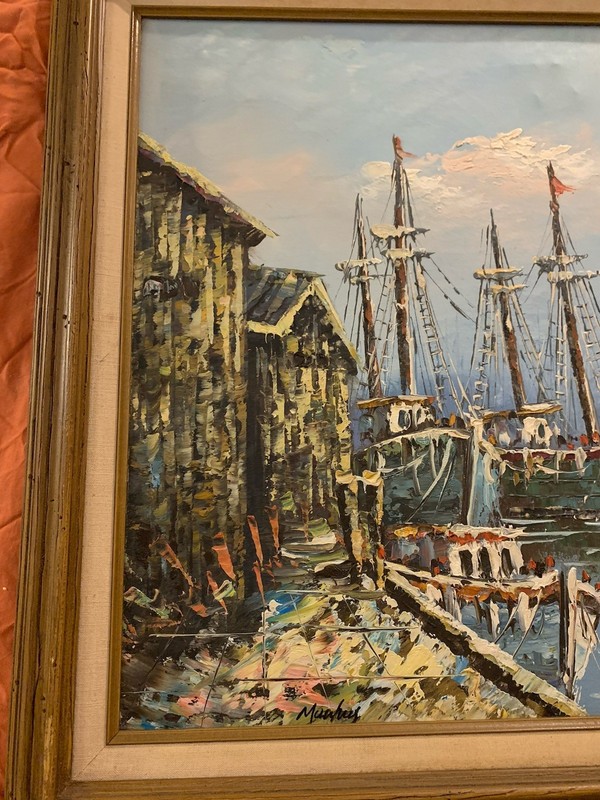 VTG Framed Oil Painting Sail Boats In Harbor Impressionist, 29x25”, Signed gallery
