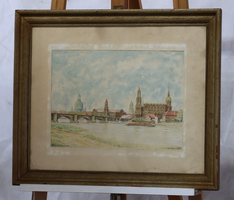 Watercolor Signed Dresden City View of Elbe Bridge, Framed OOAK