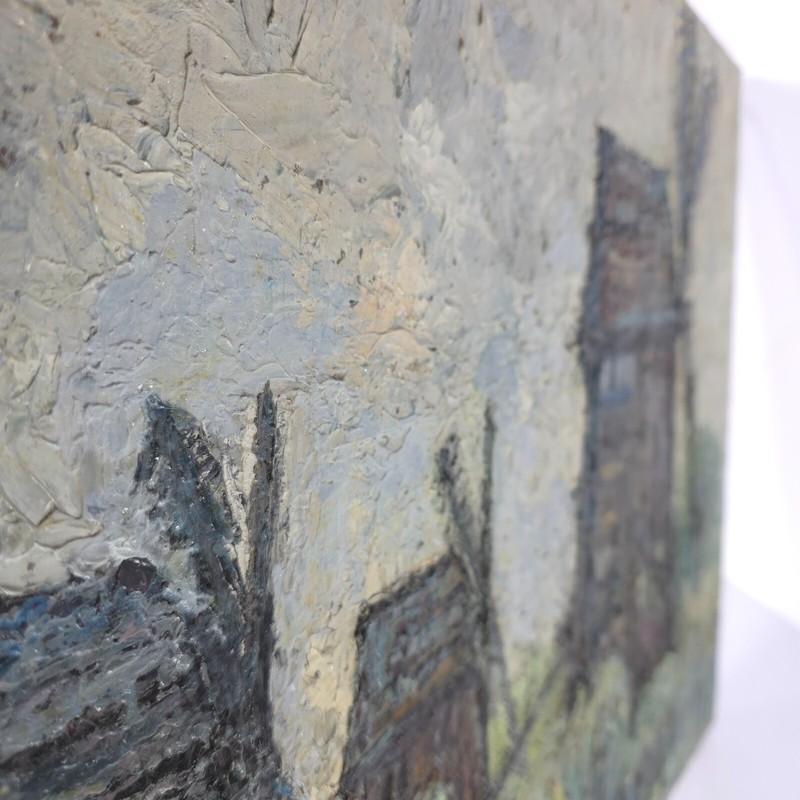 Antique Eastern European Signed Illegible Oil on Canvas Painting of Windmills gallery