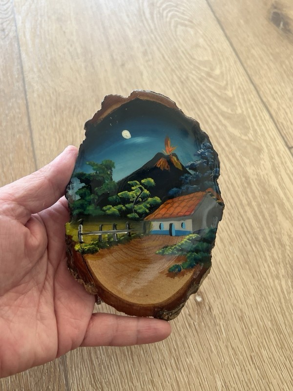 Vintage Hand Painted Wood Slab Mountain Cottage Painting Tree Slice Wall Art gallery