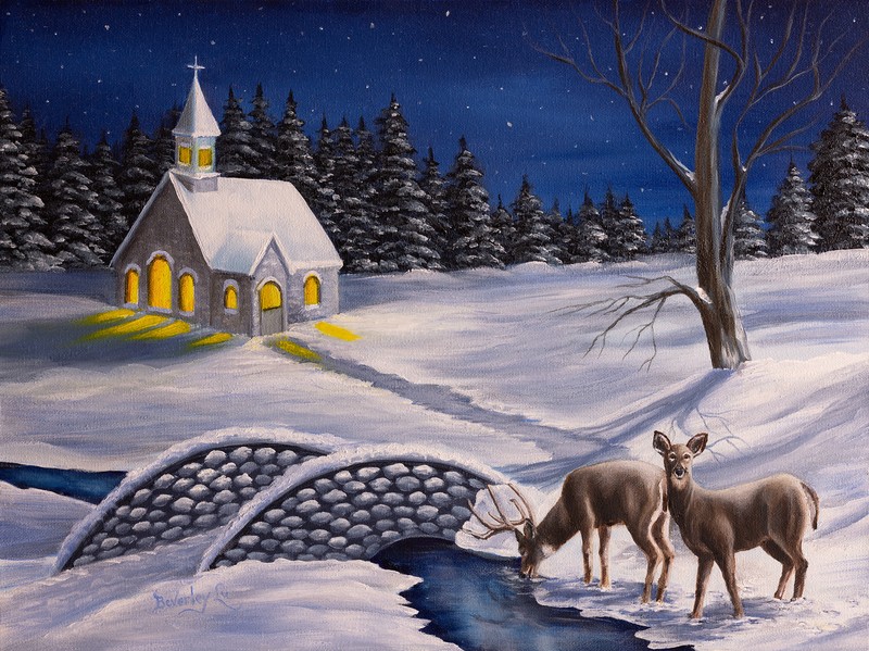 Silent Night – Two Deer in winter – Original Oil Painting by Beverley Lu