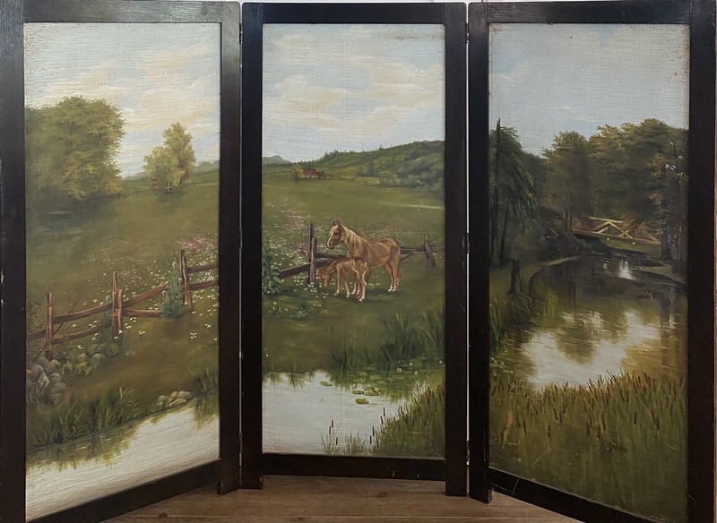American Folk Vintage Equestrian Horses Pasture Farmland Landscape Oil Painting