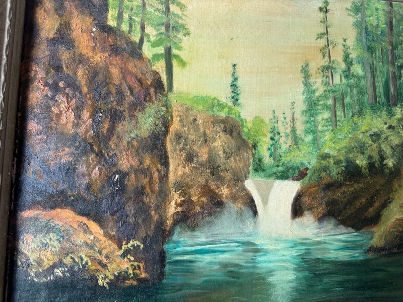 Antique J Miller "Waterfall Landscape Scene" Oil Painting - Signed And Framed gallery