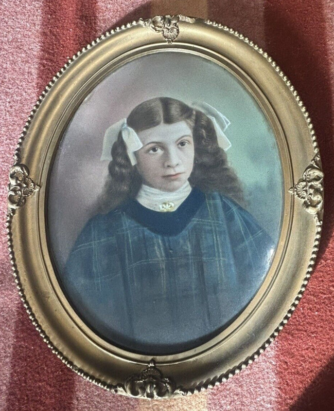 Antique Frame Colorized Painting Pastel Portrait Photo Girl Brown Eyes Bows