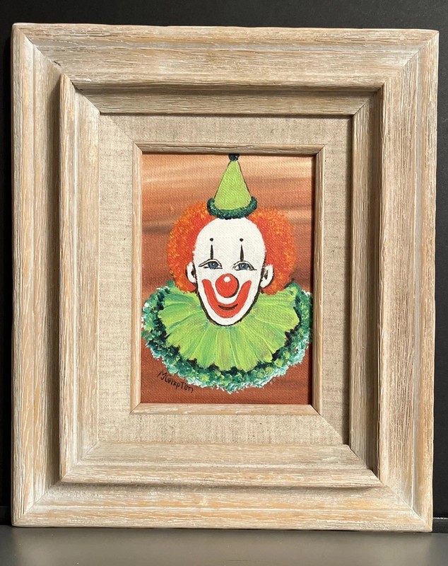 M.Compton Clown Oil Painting 13X11”Framed Signed Actual 5X7” Original 70s Art