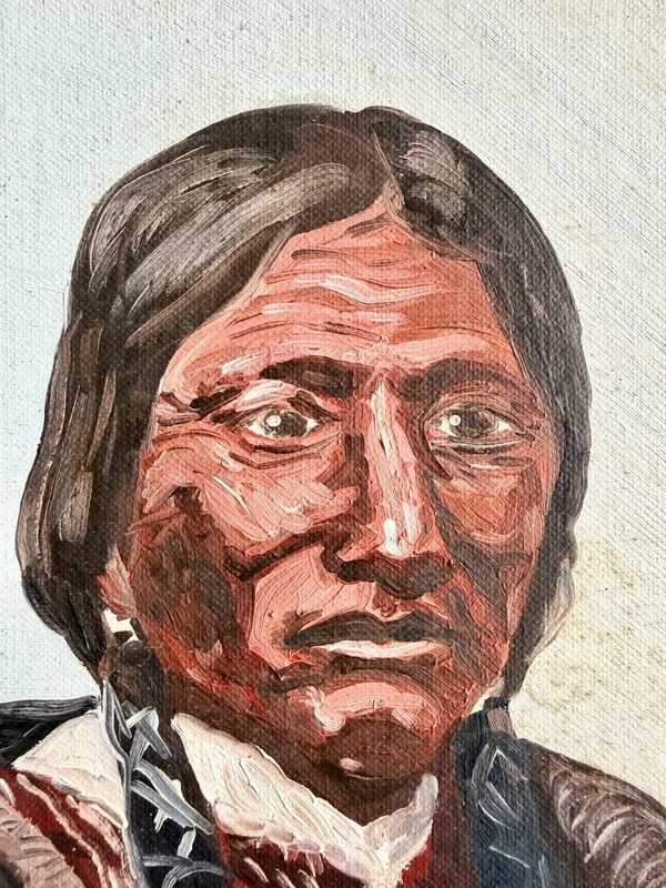Vtg Oil Painting Of Native American Cheyenne Chief Whirlwind, Gold Frame, Signed gallery