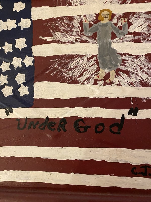 Primitive American Flag Painting w/ Jesus/Angel UNDER GOD on Old Tin Shingle gallery