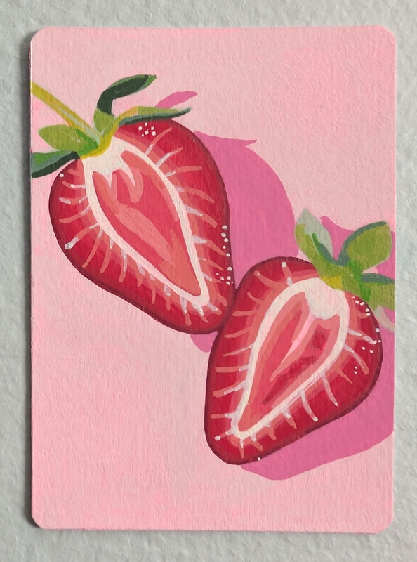ACEO Original Painting 3.5”x2.5”- Strawberries on Pink Background- by Izzyb