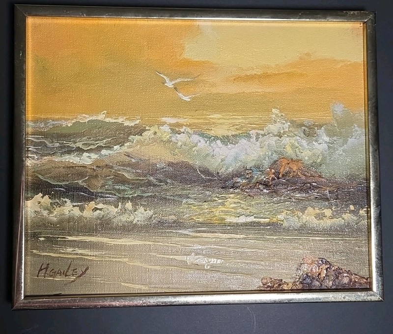 H Gailey Signed Oil Painting Seascape Ocean Waves Sunset Framed Art 10×8.5
