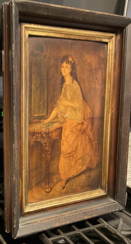 Antique 19th Century Painted Lithograph In Original Oak Frame(15×22) 2 in. deep