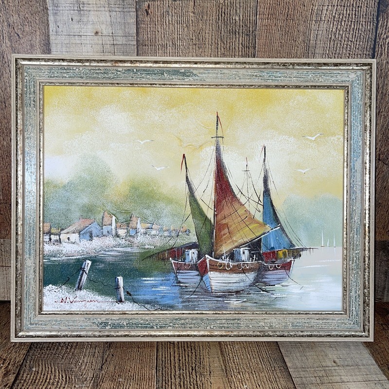 Impressionist Oil Painting Sail Boats Costal Scene By N. Vangeen 16×11 Canvas