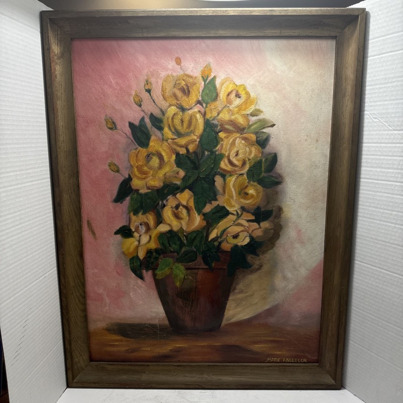 Vintage Floral Yellow Roses Oil Painting Signed Mattie Anderson 27"x 31" gallery
