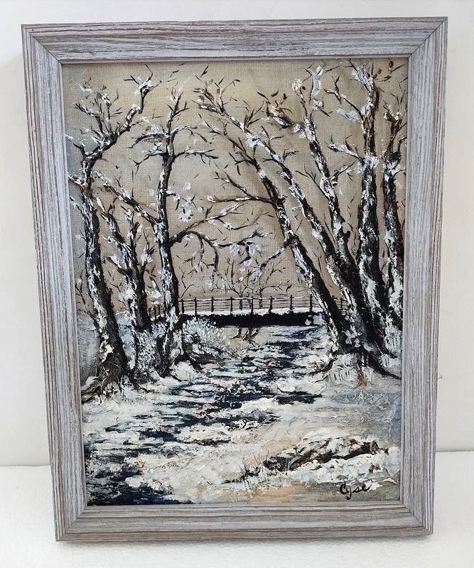 Vtg Framed Winter Bridge Impressionism Painting Impasto Layered Texture Signed