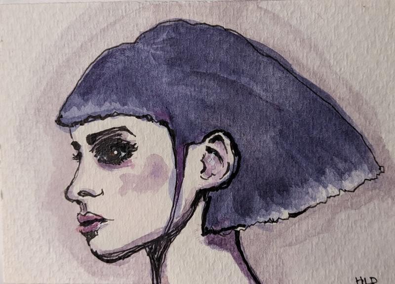 Aceo Original Graphic Portrait Punk Girl Watercolor & Ink 3.5 X 2.5