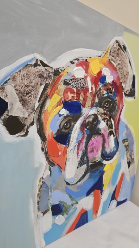Original Bulldog 3 Dimensional Oil Painting on Canvas ~23.5"W x 23.5"Hcolorful gallery