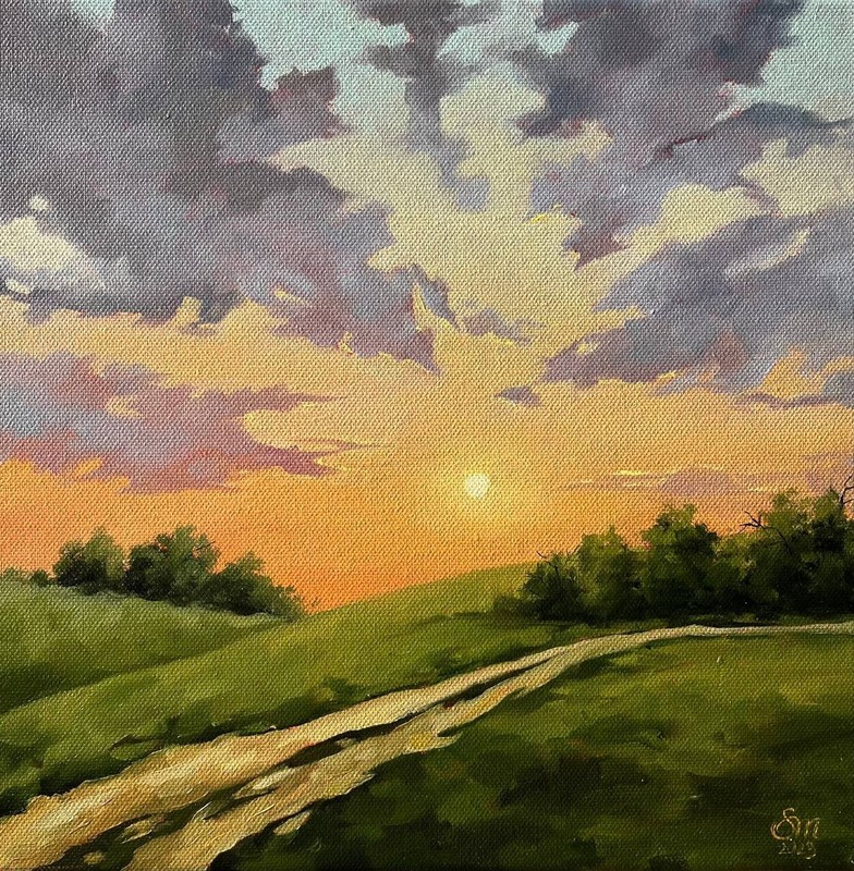 Landscape original oil painting 12×12 in (30×30 cm) Realistic sunset art
