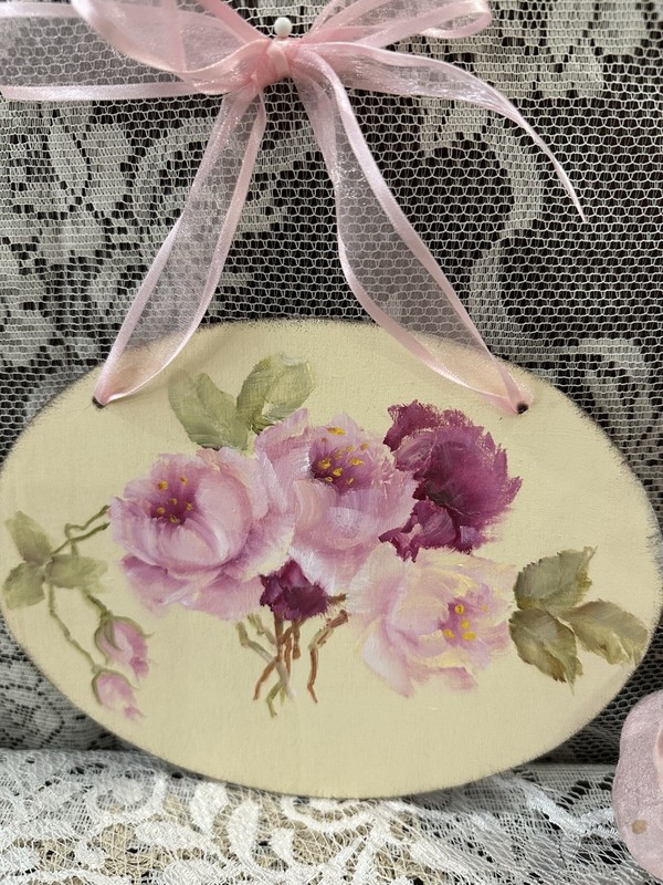 Hand painted pink roses on 8 x 6 X1/4 in oval wood wedding home decor Wall Hang