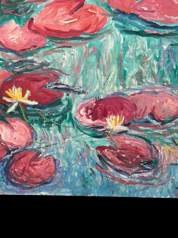 Vintage Impasto Impressionist Oil Painting Pink Water Lillies Signed 1987 24x28 gallery