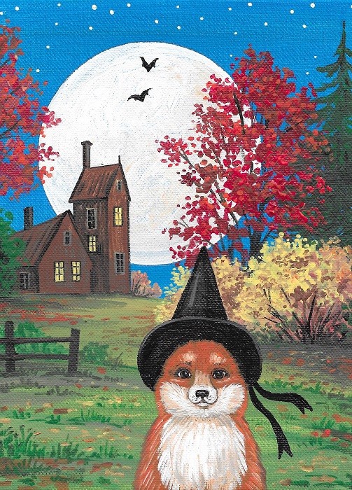 5X7 PRINT OF PAINTING RYTA HALLOWEEN FOX WITCH LANDSCAPE Haunted House Folk Art