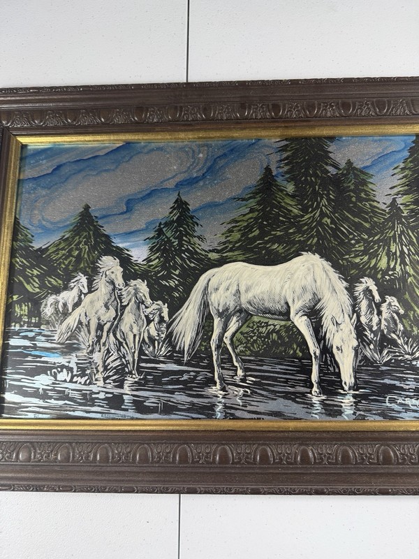 Vintage Framed Carreno Signed White Horses River Forest Painting Canvas Art gallery