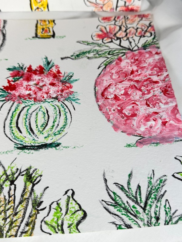Original Mixed Media Floral Artwork 17x17 Whimsical Vase Drawing Oil Pastel Wall gallery