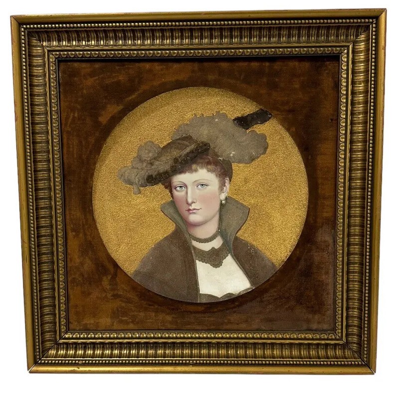 Vintage 1800s Victorian Antique Portrait of a Young Lady Framed Plate