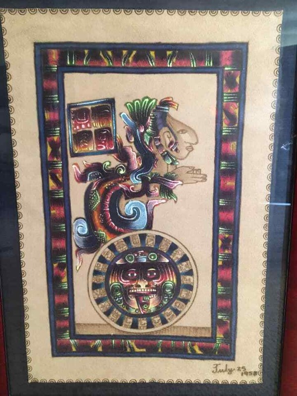 Mexico Mayan Pyrography Leather Painting in Custom Frame VERY RARE 20"x14 1/2" gallery