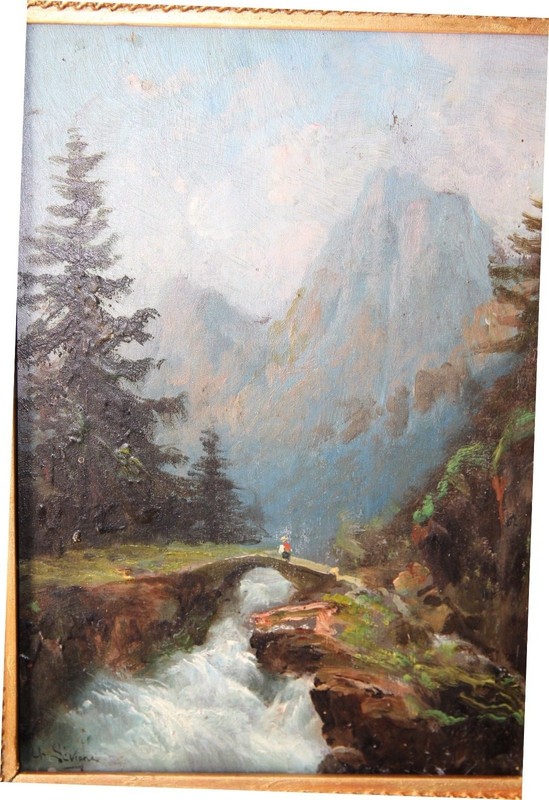 Théodore Levigne (1848-1912), Walker on a mountain bridge, oil on panel, French gallery